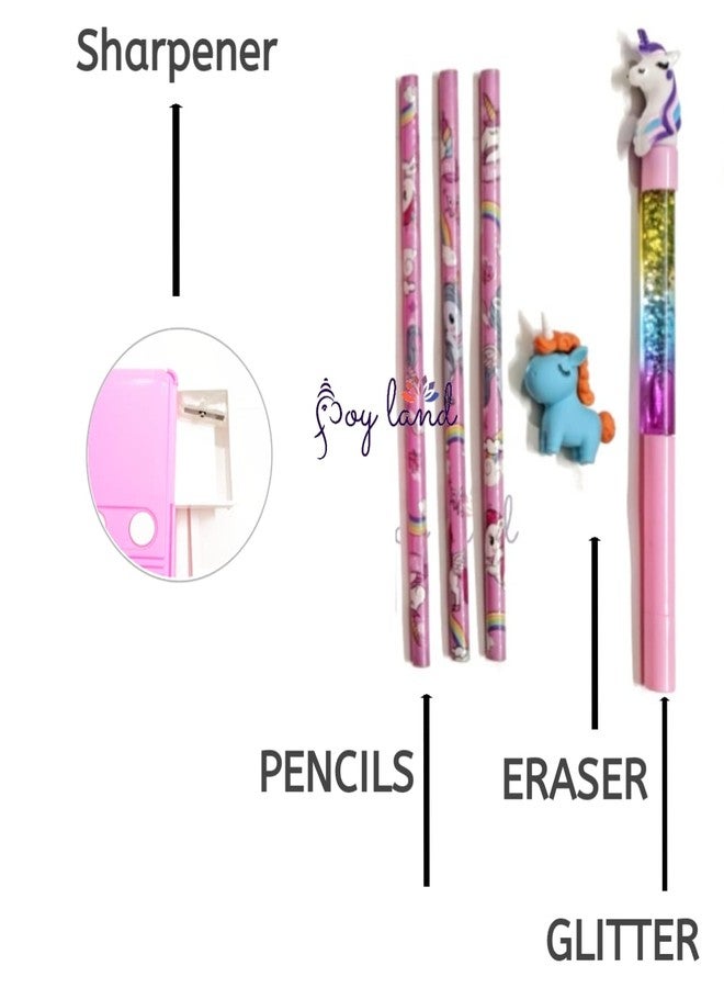 JOY LAND Unicorn Double Sided Jumbo Magnet Pencil Geometry Box and 3 pencil, 1 Eraser, 1 Pieces Glitter Pen Combo for Girls (Random Design, Pink) - Image 2